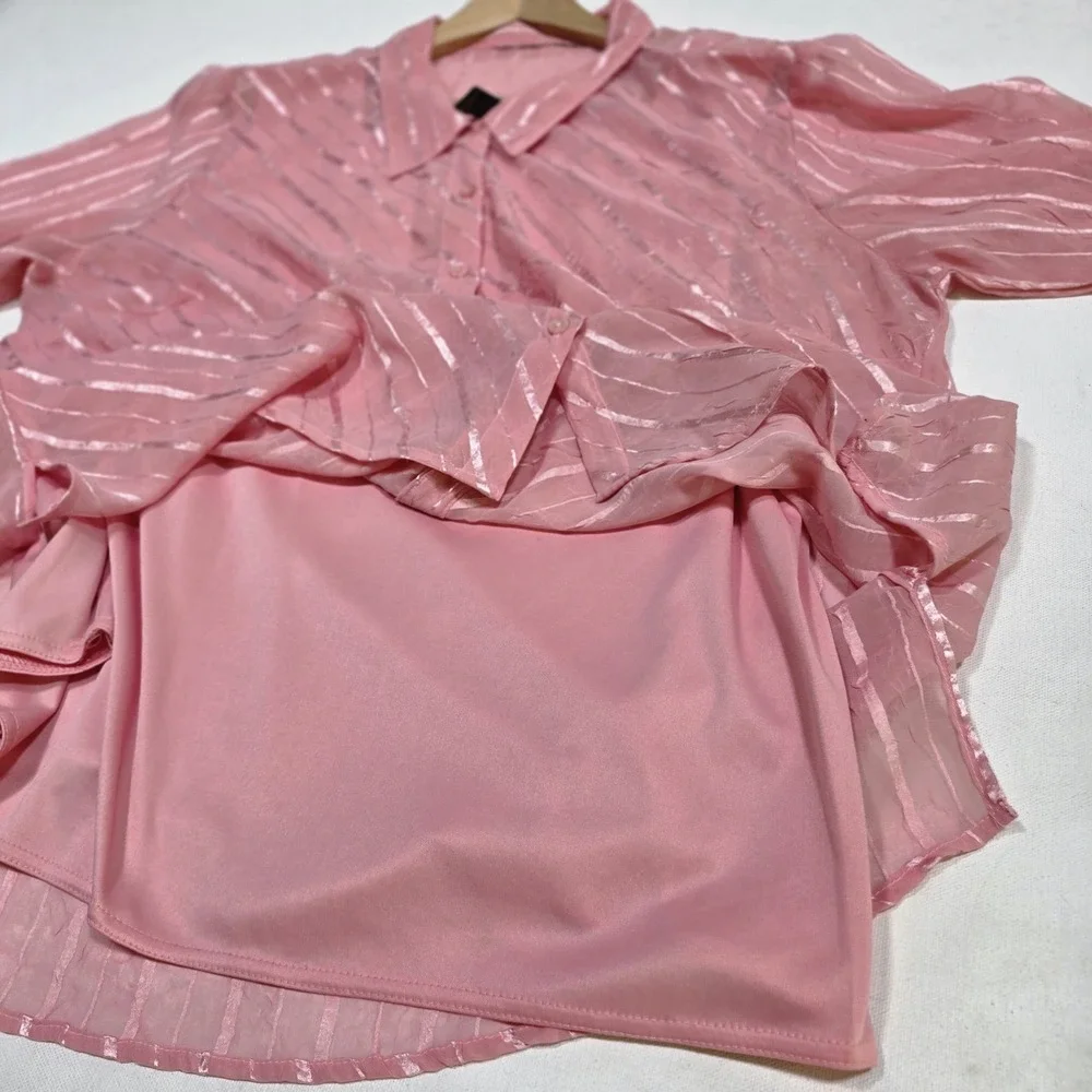 2 Piece Blouse Set Women 3X Pink Sheer Striped Button Down Camisole Soft Girl